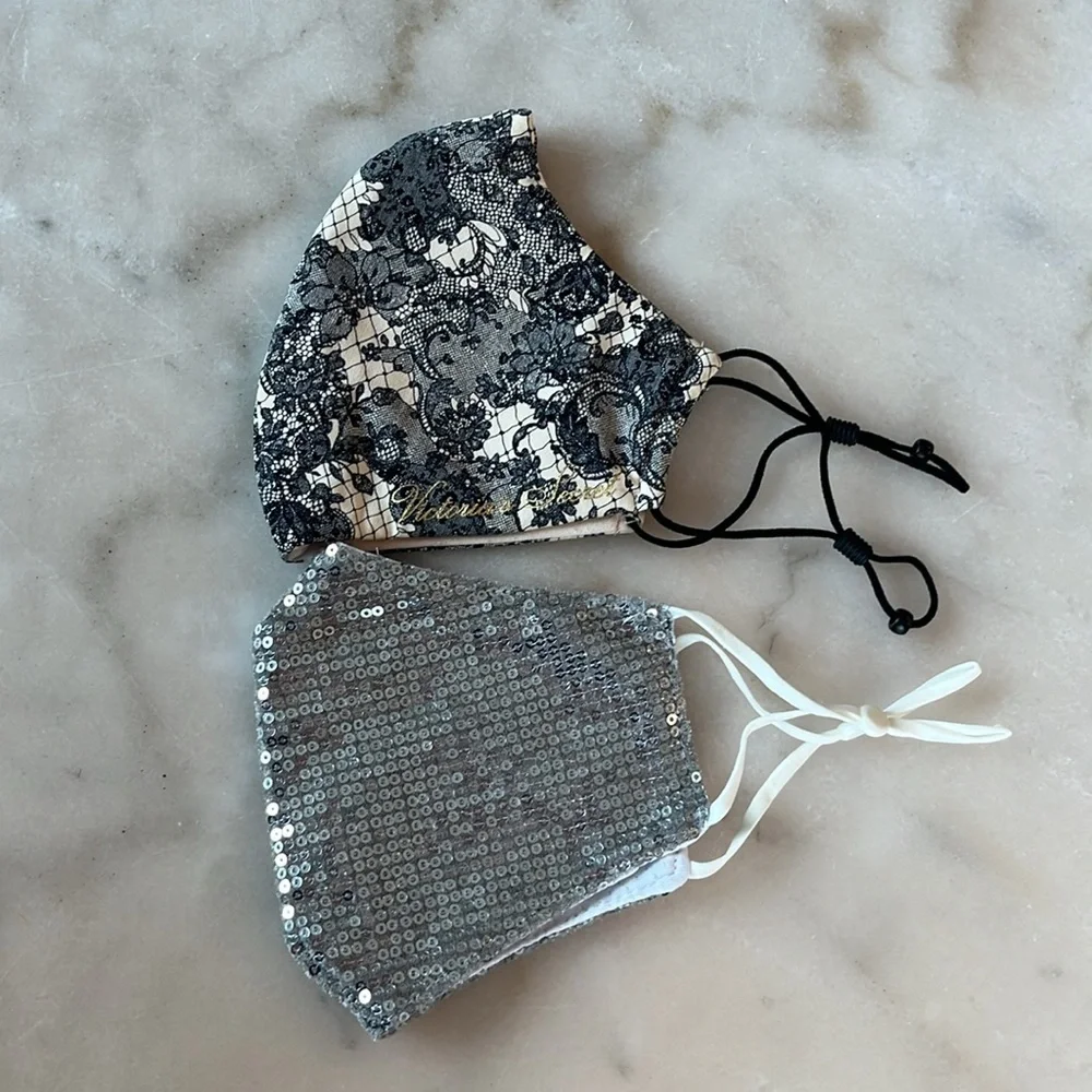 Victoria's Secret Lace Reusable Face Mask - Black and Pink Bundle Silver Sequin